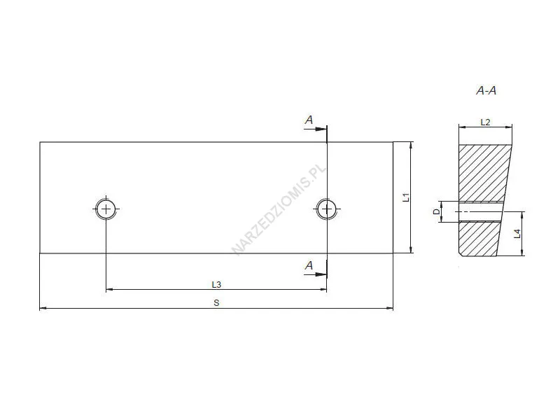 Rysunek techniczny: Szczęka do imadła kątowa WSK 100 mm do typu: 6517,6518 (mniejszy otwór) - BISON-BIAL